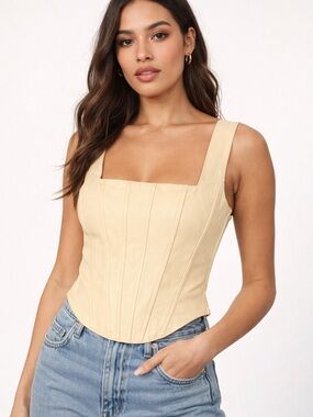 7 For All Mankind Square Neck Structured Corset Tank Top in Beige S